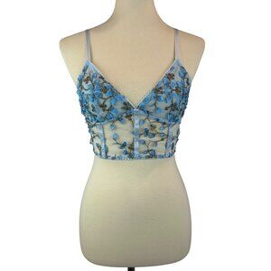 Blue Floral Embroidered Mesh Crop Bralette Adjustable Straps Size S